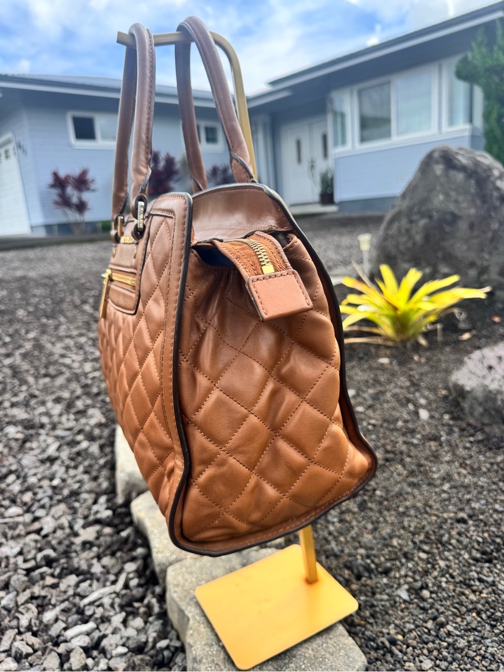 MICHAEL Michael Kors Quilted Leather Satchel Brown Gold Tone Shoulder Bag - Picture 6 of 14